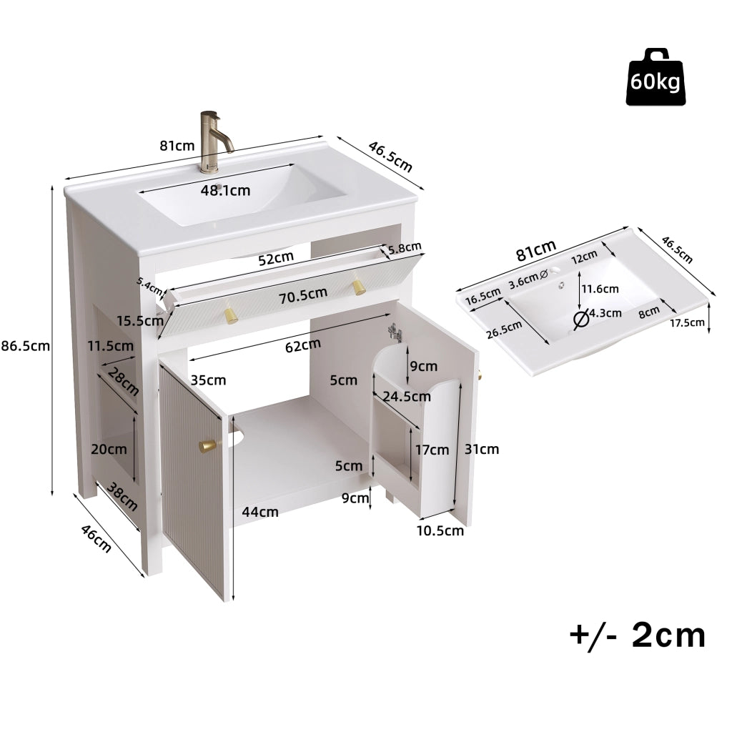 MOBILE DA BAGNO 81 x 46,5 x 86,5 cm Bianco in MDF con lavabo in ceramica
