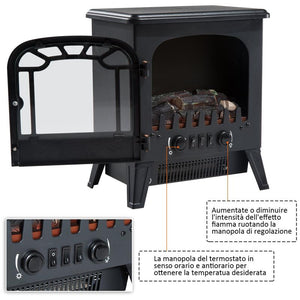 CAMINO ELETTRICO DA TERRA CON EFFETTO FIAMMA REGOLABILE 1800W, NERO, 36X25.5X41.5CM