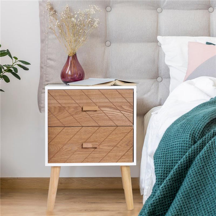 COMODINO IN LEGNO 2 CASSETTI STILE SCANDINAVO 40X30X55,5 CM BIANCO E LEGNO