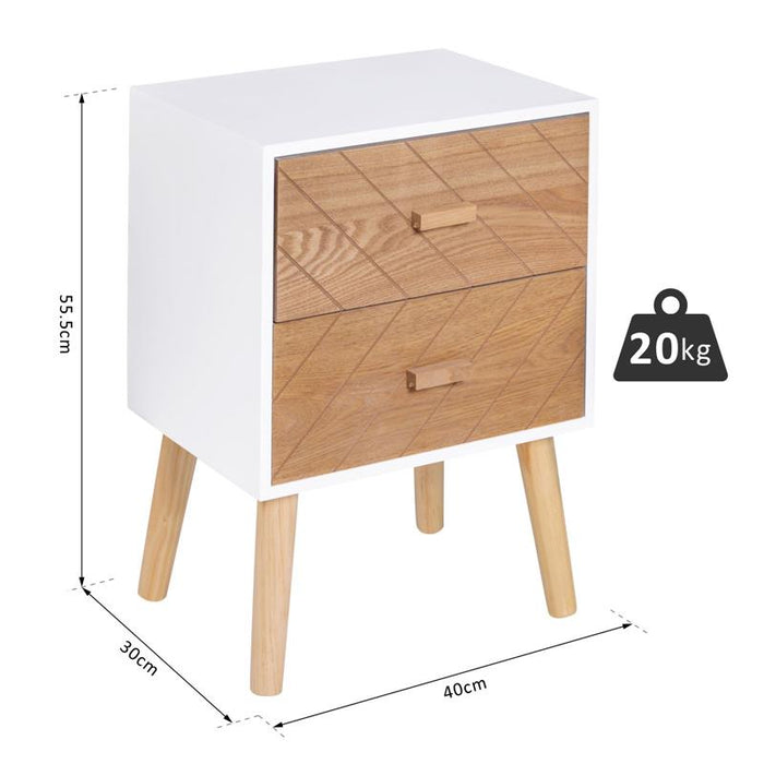 COMODINO IN LEGNO 2 CASSETTI STILE SCANDINAVO 40X30X55,5 CM BIANCO E LEGNO