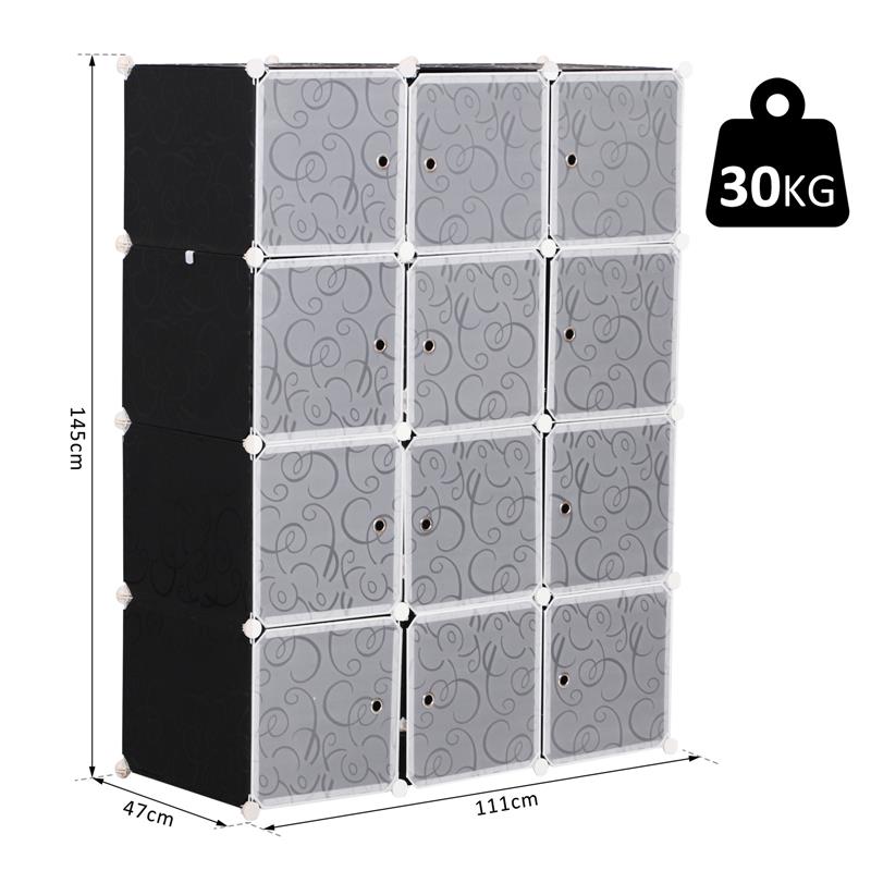 ARMADIO GUARDAROBA MODULARE 12 CUBI IN PP BIANCO E NERO 111 X 47 X 145 CM