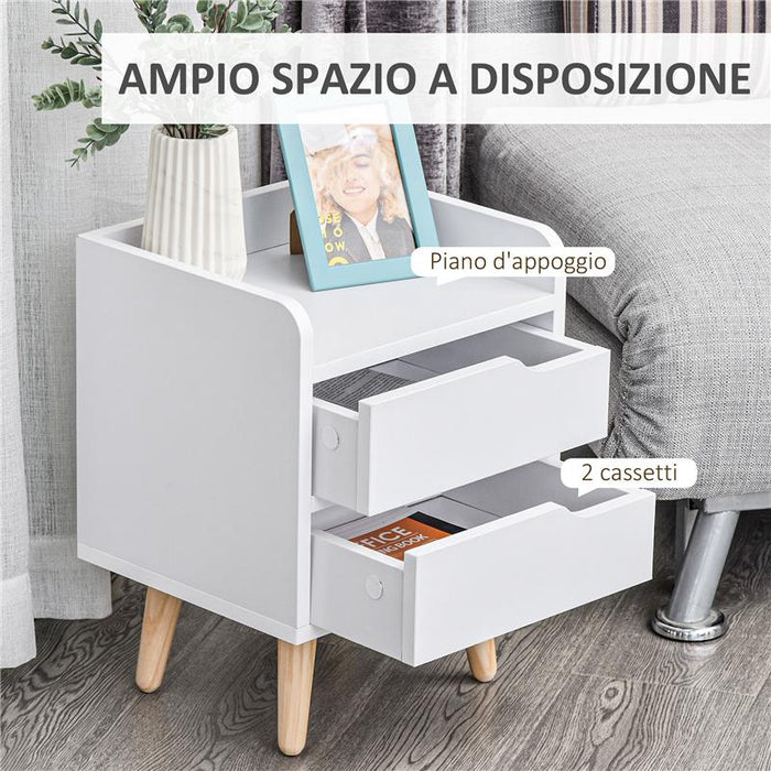 COMODINO DAL DESIGN MODERNO BIANCO CON CASSETTI E PIEDINI IN LEGNO