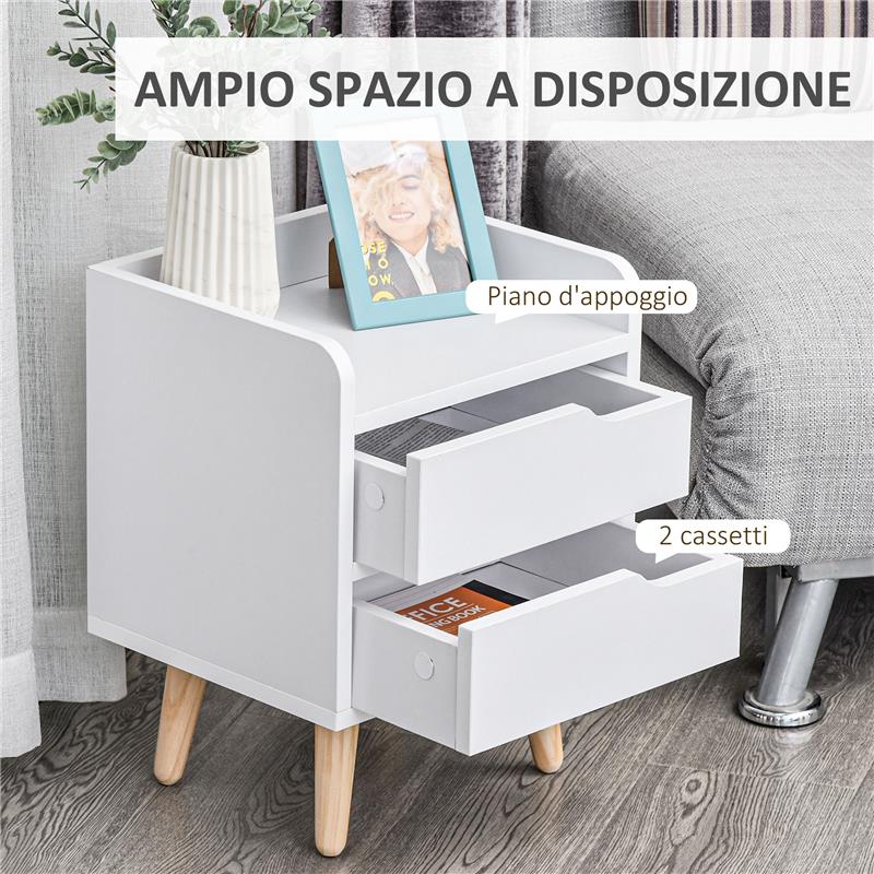 COMODINO DAL DESIGN MODERNO BIANCO CON CASSETTI E PIEDINI IN LEGNO