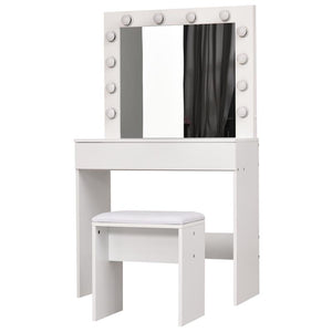 SET TAVOLO DA TRUCCO CON SPECCHIO 12 LUCI LED CASSETTO E SGABELLO IN LEGNO BIANCO