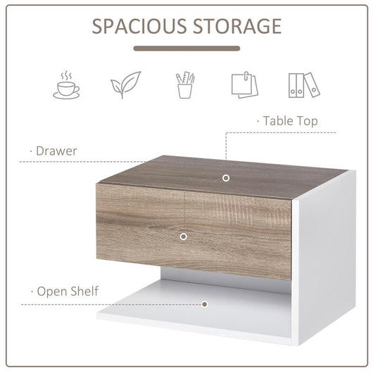 SET 2 COMODINI SOSPESI A PARETE CON CASSETTO E MENSOLA BIANCO E ROVERE