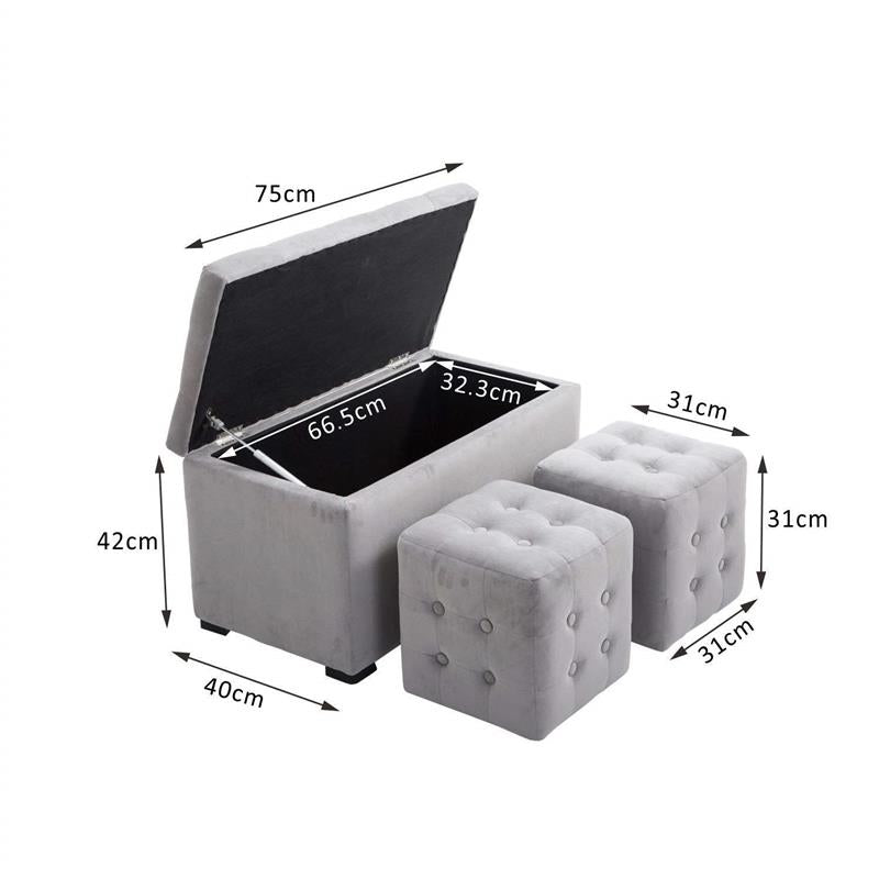 CASSAPANCA PORTAOGGETTI MULTIUSO CON 2 SGABELLI POUF IN VELLUTO GRIGIO PERLA