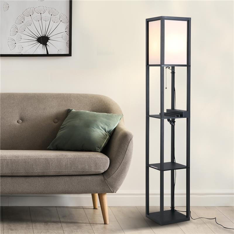 LAMPADA DA TERRA CON 3 MENSOLE 2 PORTE UBS PARALUME 39 CM 26 X 26 X 160 CM NERO