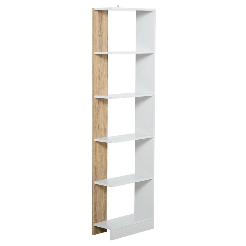 SCAFFALE LIBRERIA A PARETE IN LEGNO CON 5 RIPIANI COLOR ROVERE E BIANCO