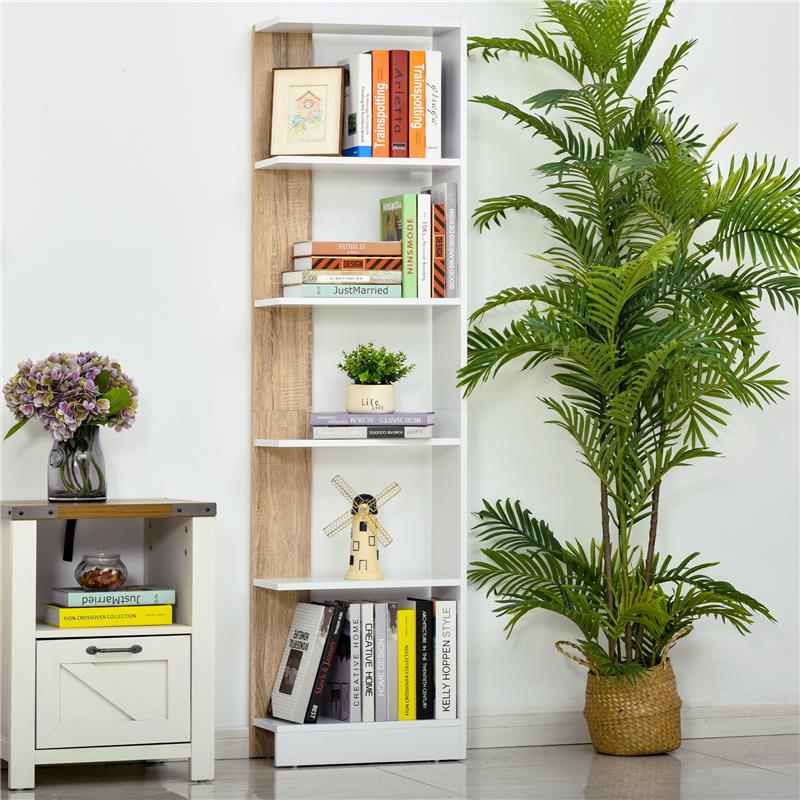 SCAFFALE LIBRERIA A PARETE IN LEGNO CON 5 RIPIANI COLOR ROVERE E BIANCO