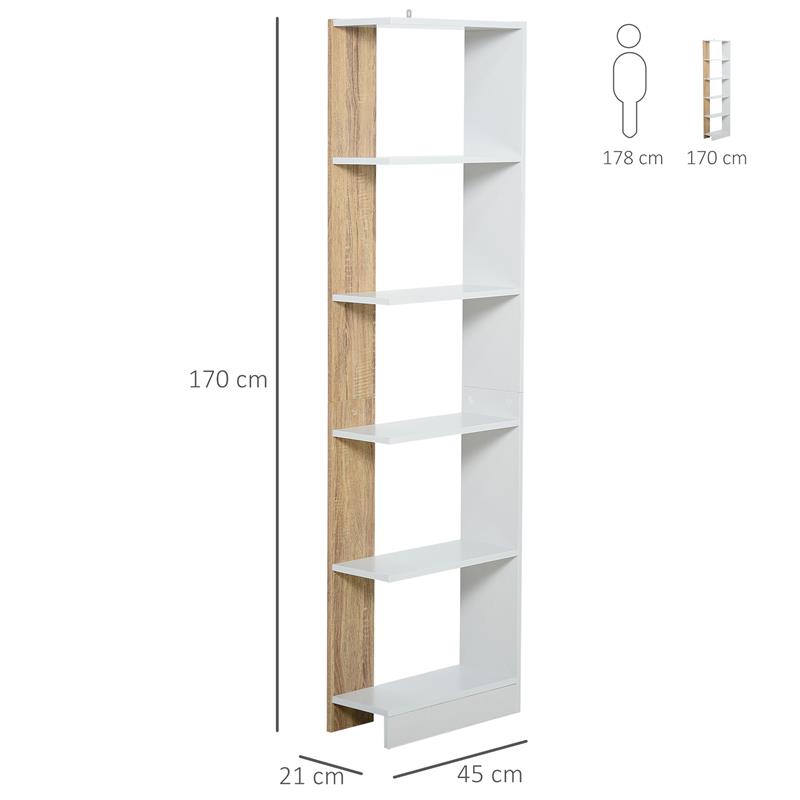 SCAFFALE LIBRERIA A PARETE IN LEGNO CON 5 RIPIANI COLOR ROVERE E BIANCO