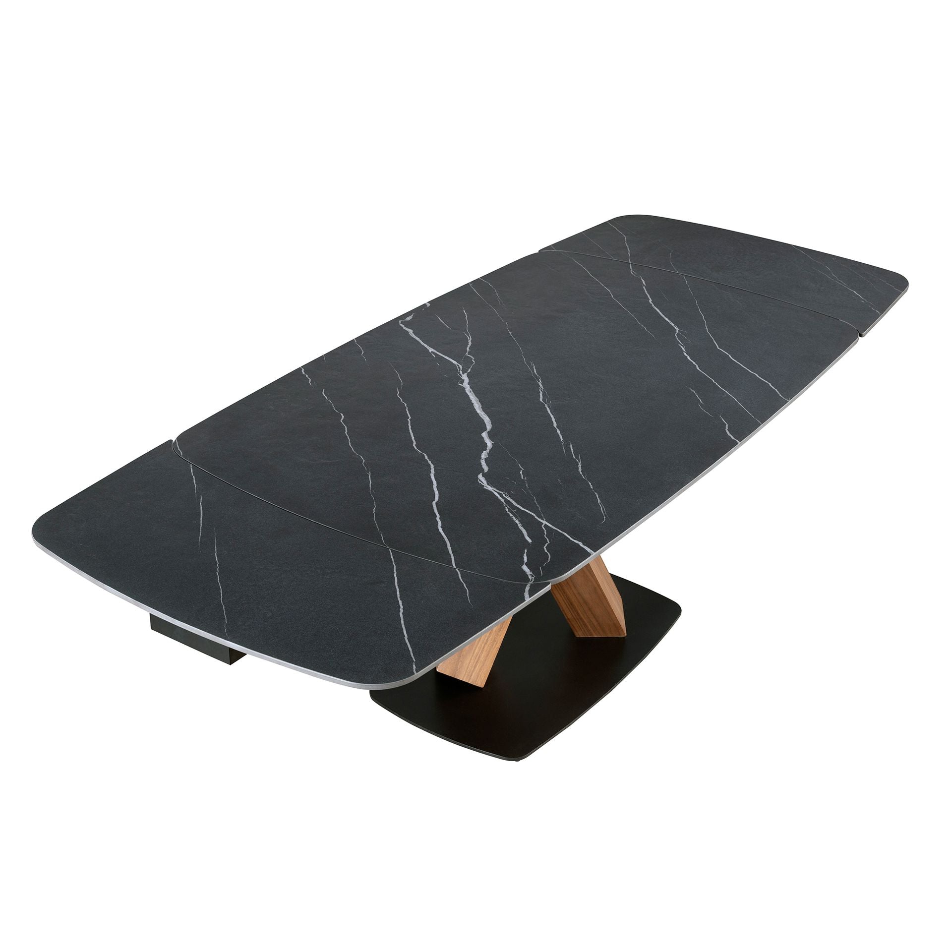 Tavolo da pranzo ovale allungabile con marmo porcellanato e fusto in noce