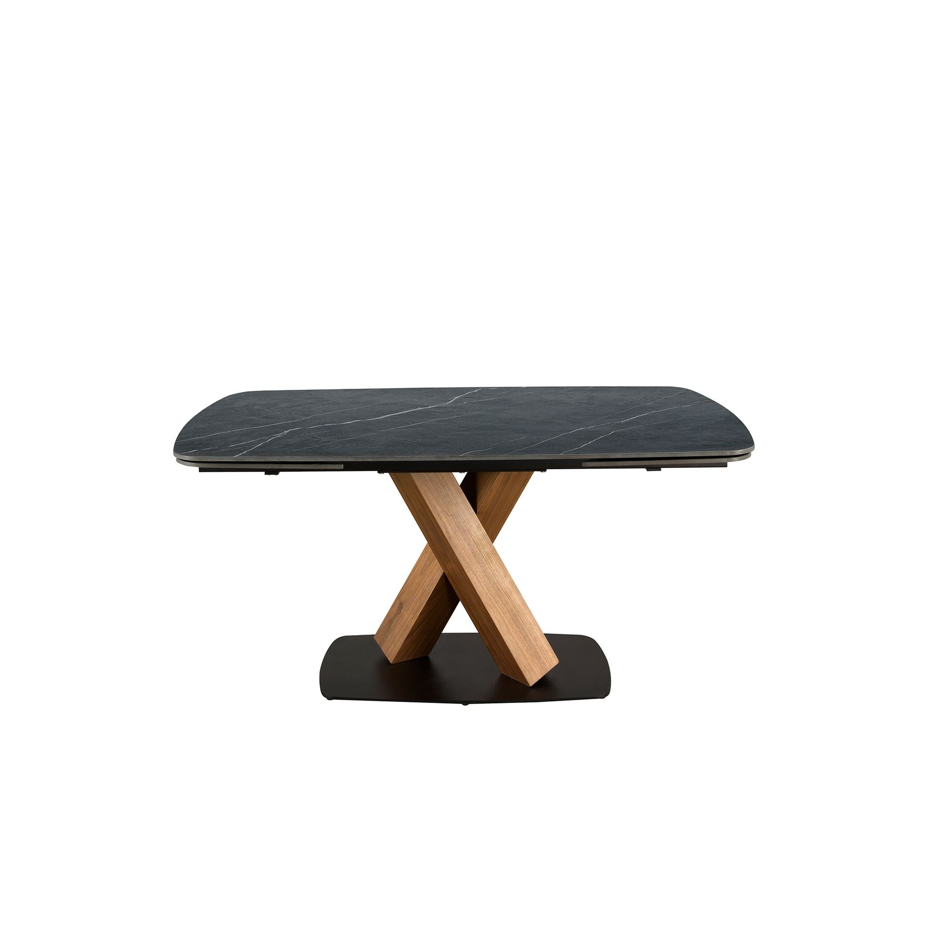 Tavolo da pranzo ovale allungabile con marmo porcellanato e fusto in noce