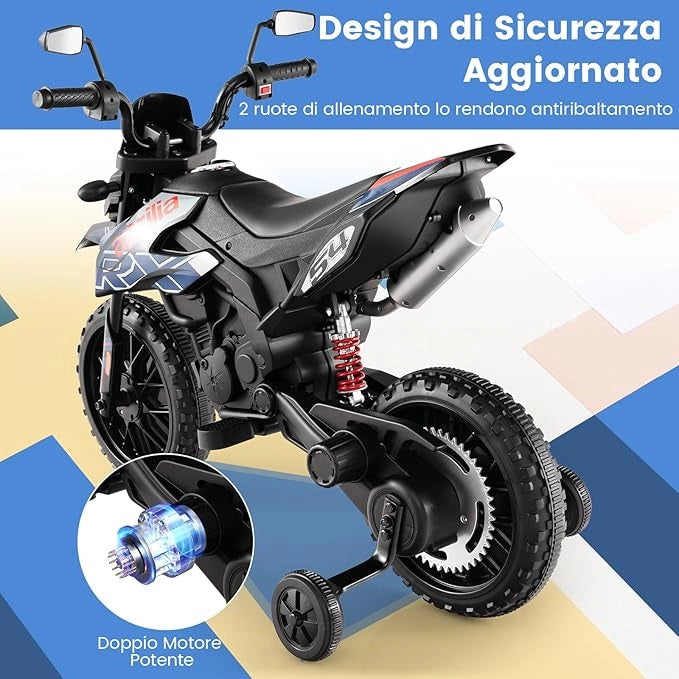 12V Aprilia Moto Cavalcabile per Bambini, Motocicletta Elettrica con Ruote Ausiliarie e Musica Wireless, Sospensione a Molla, Moto Elettrica alla Moda per Bambini 3-8 Anni (Blu)