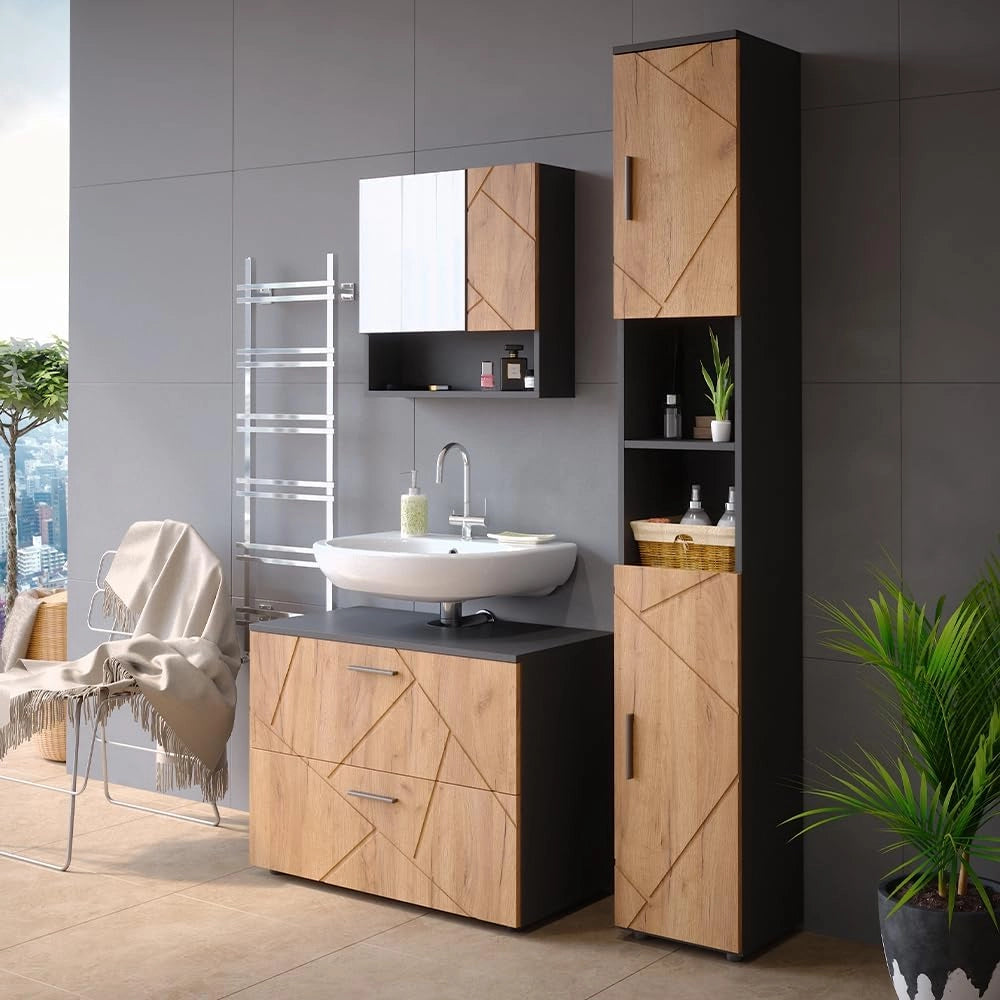 Set mobili bagno Irma, Quercia dorata/antracite, 80 cm, composto da mobile sottolavabo, specchiera e colonna alta