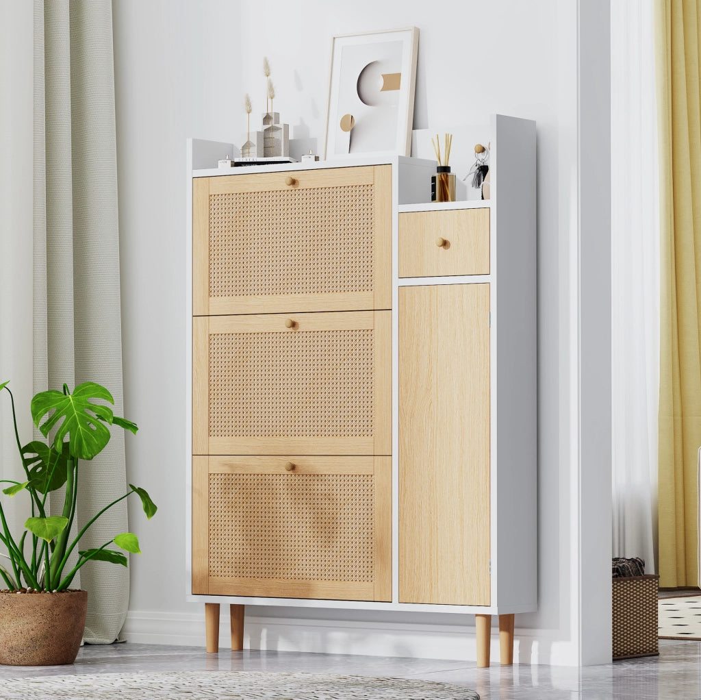Scarpiere compatta in MDF con ante a ribalta, cassetto e struttura effetto naturale e bianco