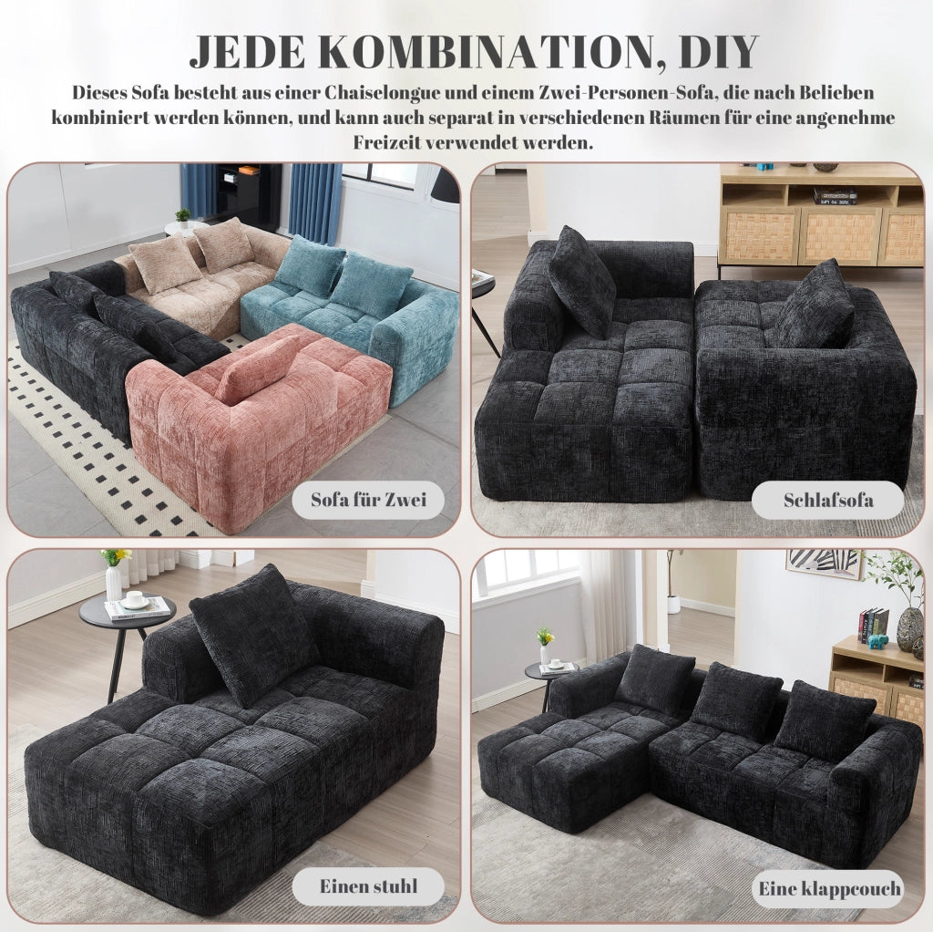 Divano modulare 3 posti con chaise longue in ciniglia nero