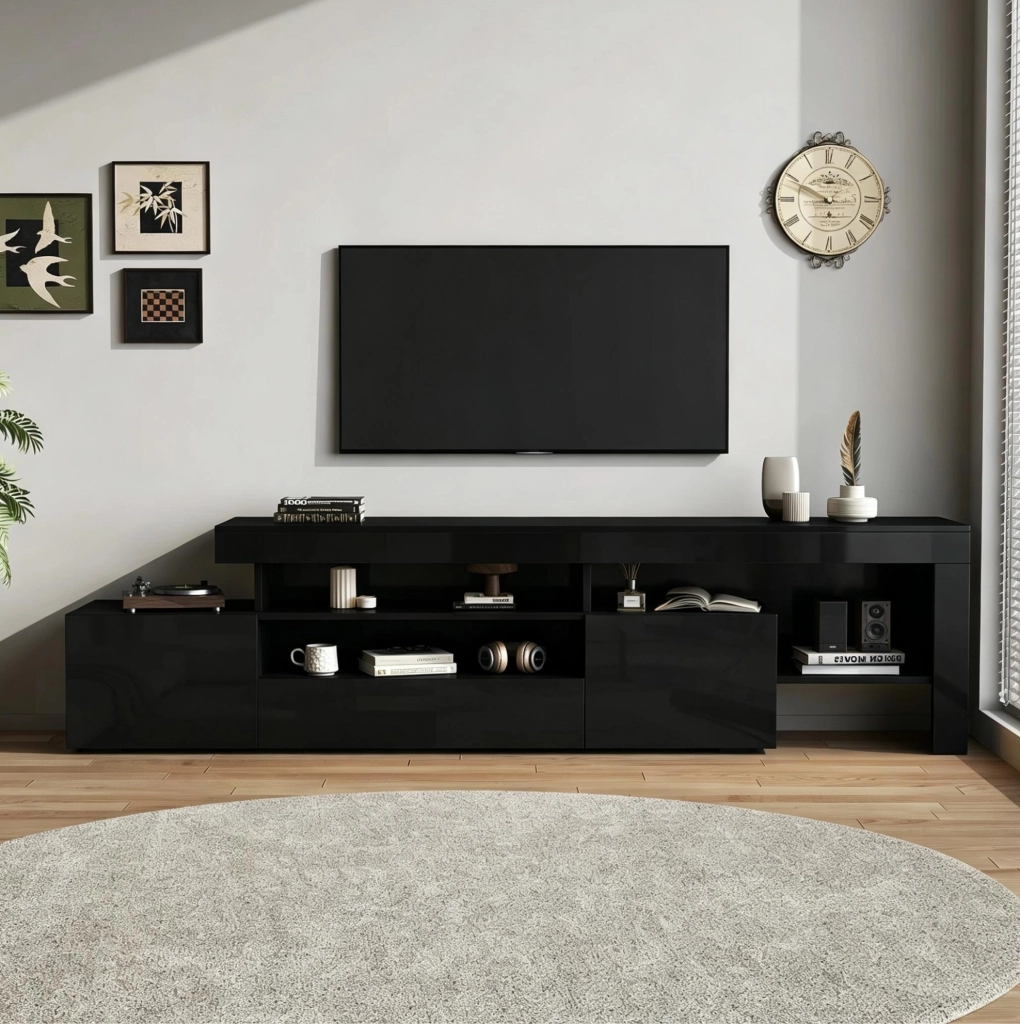 MOBILE TV con LED 192x37x53 cm Nero in Truciolare con 3 ante