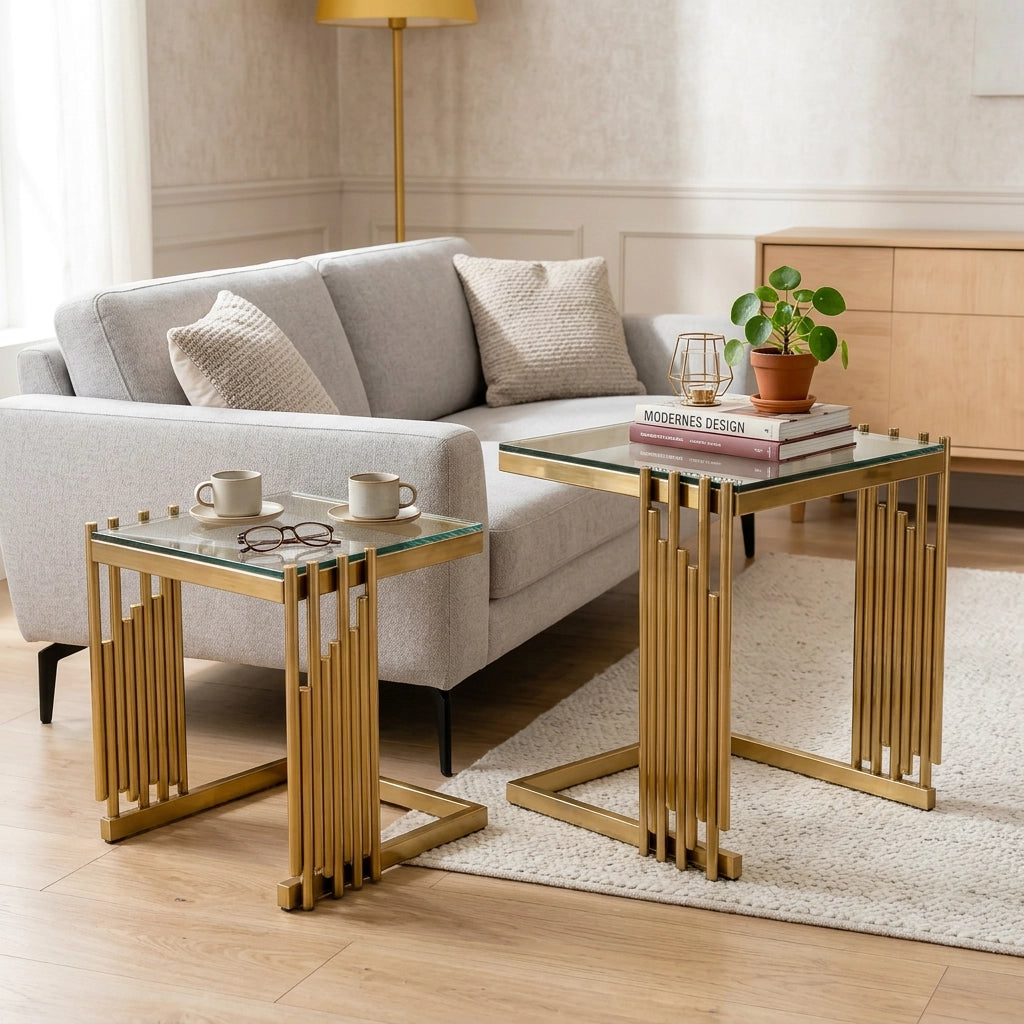 TAVOLINO Set da 2 pezzi quadrato 41 x 41 x 46 cm vetro temperato trasparente oro