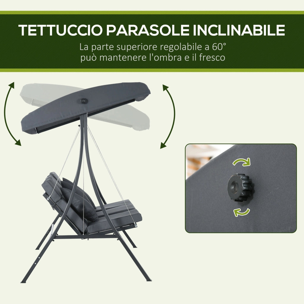 Dondolo da Giardino 3 Posti con Tettuccio Regolabile, in Acciaio e Poliestere, 202x115x168 cm, Grigio Scuro