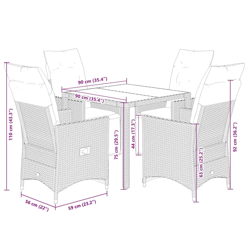 Set BistrÃ² da Giardino 5 pz con Cuscini in Polyrattan Marrone