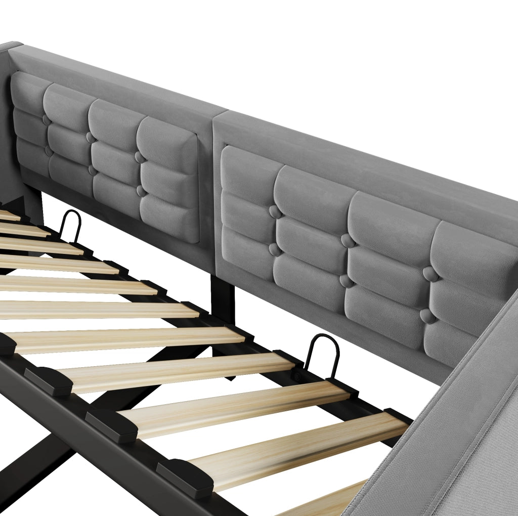 Divano letto idraulico 90x190 cm in velluto grigio con USB e Type-C; senza materasso