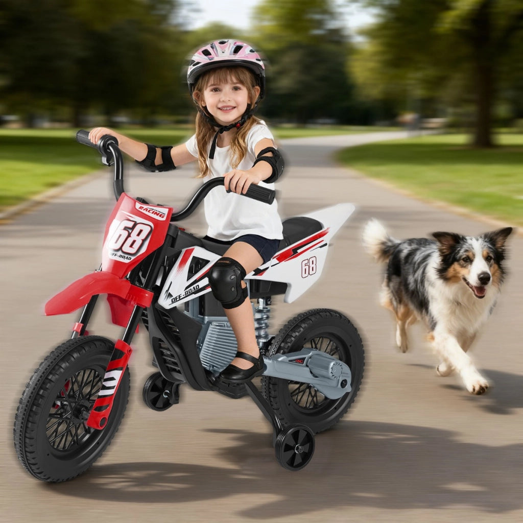 Moto per bambini 12v con ruote di allenamento rimovibili e sospensione a molla, Moto motorino a batteria con musica Rosso-Moto elettriche
