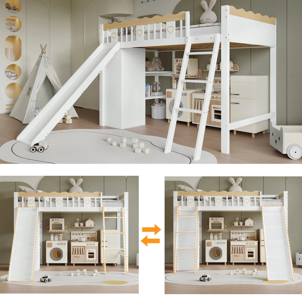 Letto a castello bianco e naturale con scivolo per bambini in legno massiccio e MDF 90x200 cm