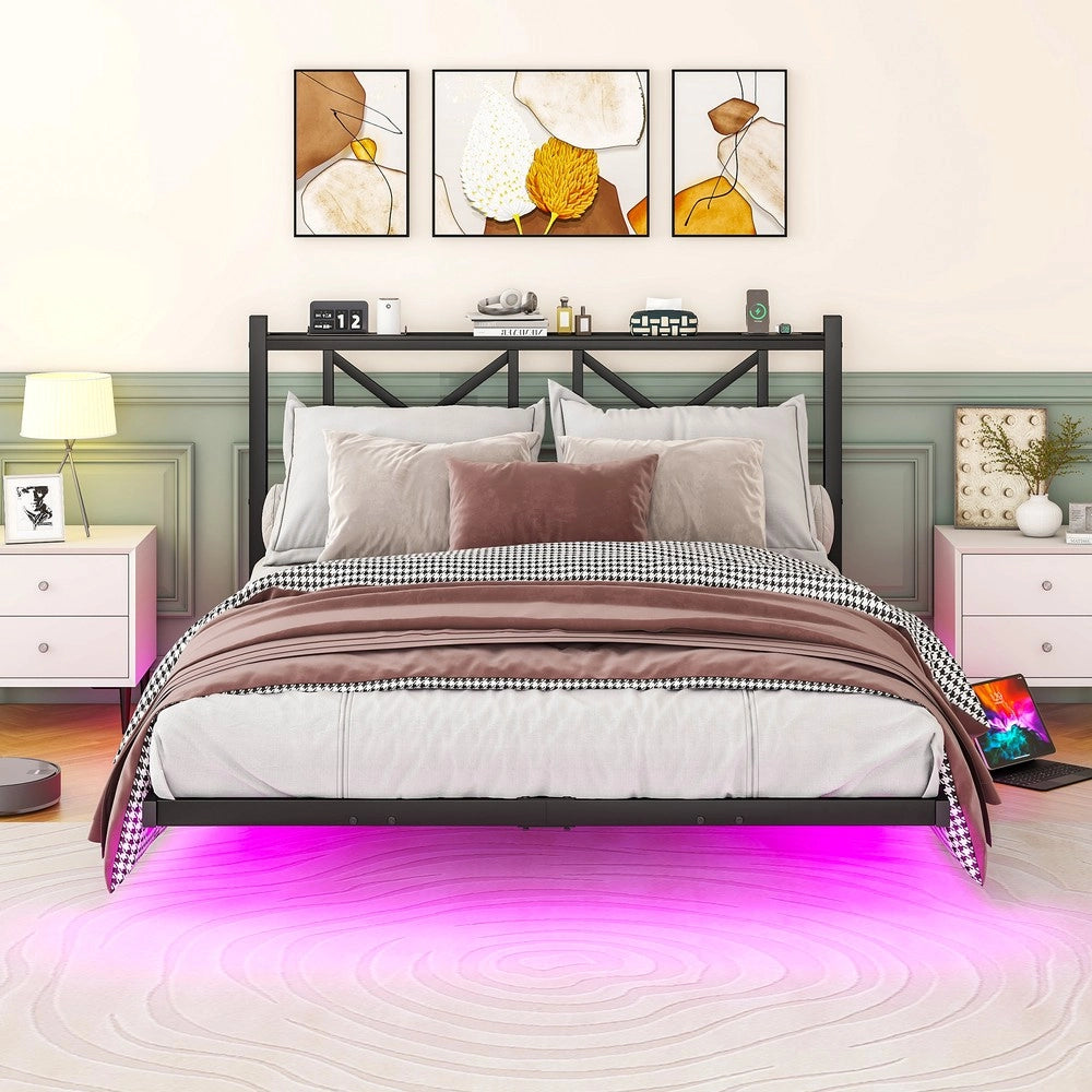 Letto Matrimoniale con LED e Stazione di Ricarica ¨C MINIMAL ¨C Metallo Nero 140x200