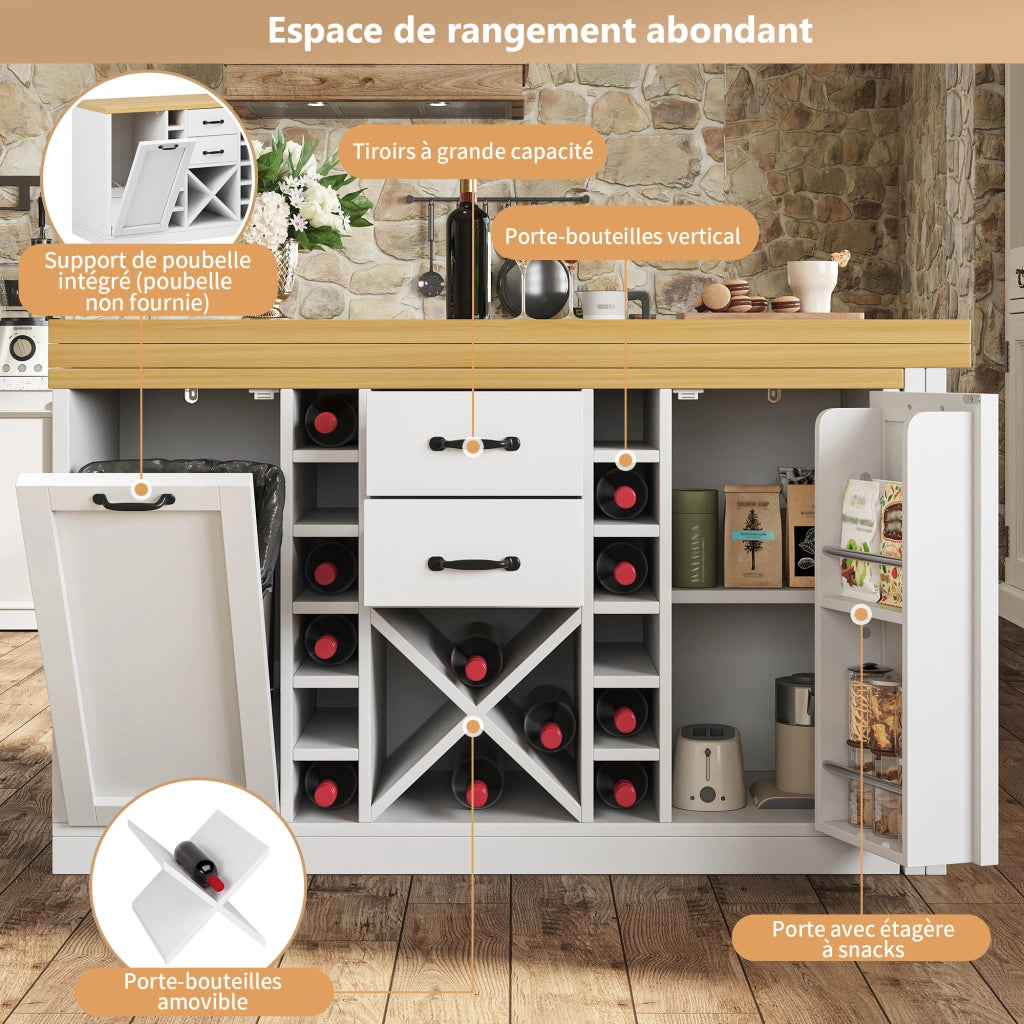 Madia da cucina girevole con 2 cassetti; portabottiglie estraibile e supporto per pattumiera; per cucina; bianco; 120 × 40 × 73.8 cm