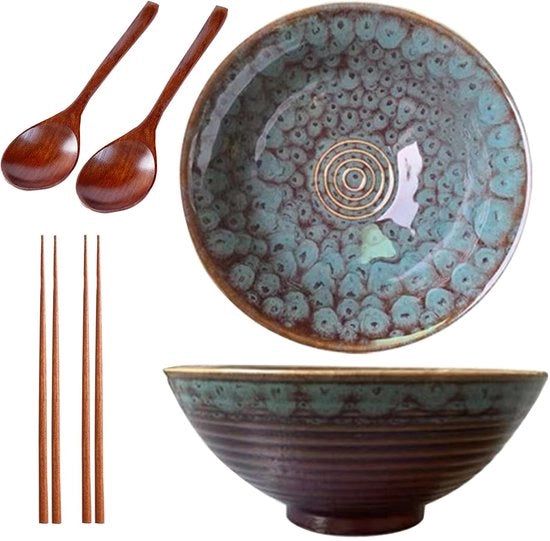 Insalata e Cucina Ramen Bowl 1200ml Set a 2 pezzi (Bowl con Cucchiai per Ramen, Spiedini da Cucina), Ciotola Ceramica per Pasta, Insalata, Zuppa, Ciotola per Snack, Graniglia, Grande Ciotola (Nero)