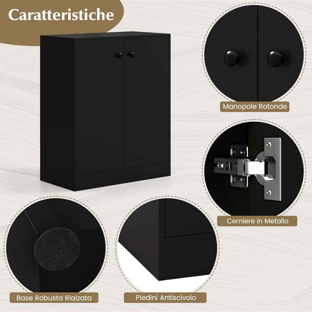 Armadietto da 2 Ante, Mobile da Pavimento con Ripiani a 3 Livelli e Dispositivo Anti-Ribaltamento, per Soggiorno, Sala da Pranzo e Ingresso, 72 x 34 x 85,5 cm (Nero)