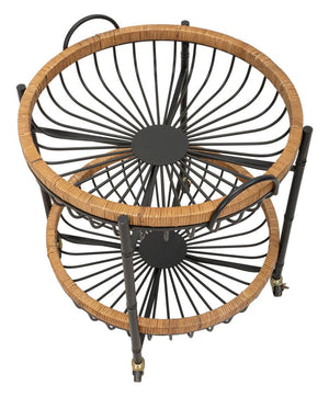 Carrello 2 Ripiani 57x55,5x62,5 cm con Ruote in Metallo e Rattan