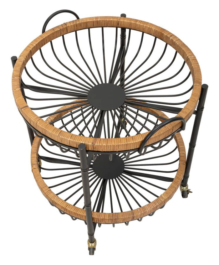 Carrello 2 Ripiani 57x55,5x62,5 cm con Ruote in Metallo e Rattan
