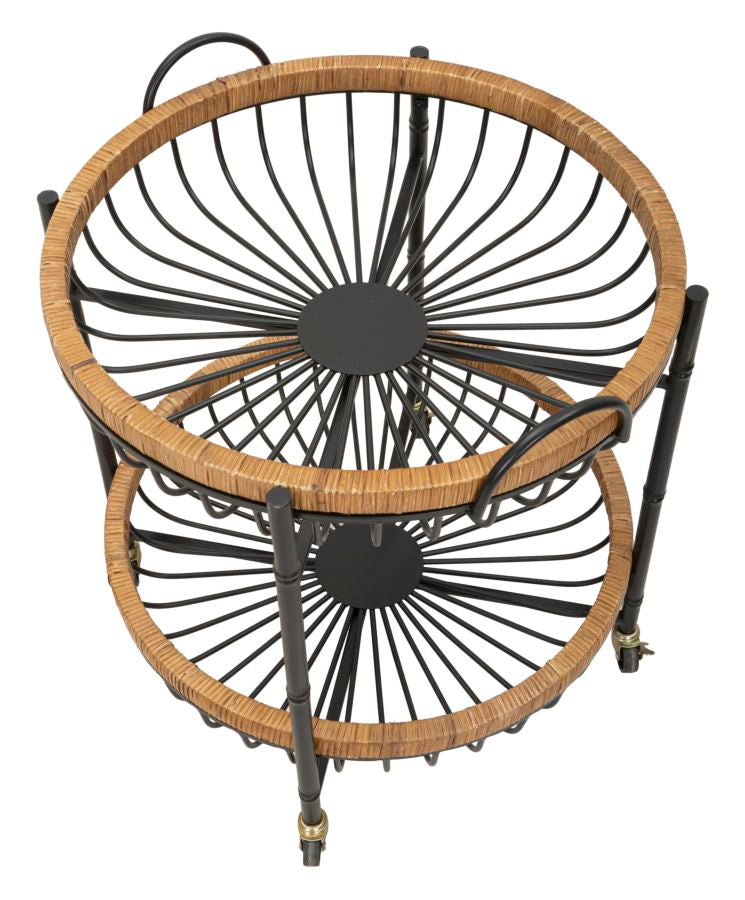 Carrello 2 Ripiani 57x55,5x62,5 cm con Ruote in Metallo e Rattan