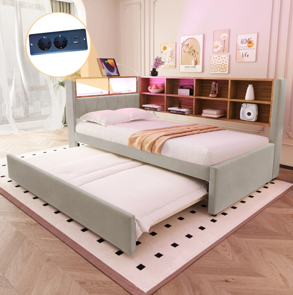 Divano letto multifunzione 90x200 cm con letto estraibile 90x190 cm; LED; USB e contenitori; grigio chiaro