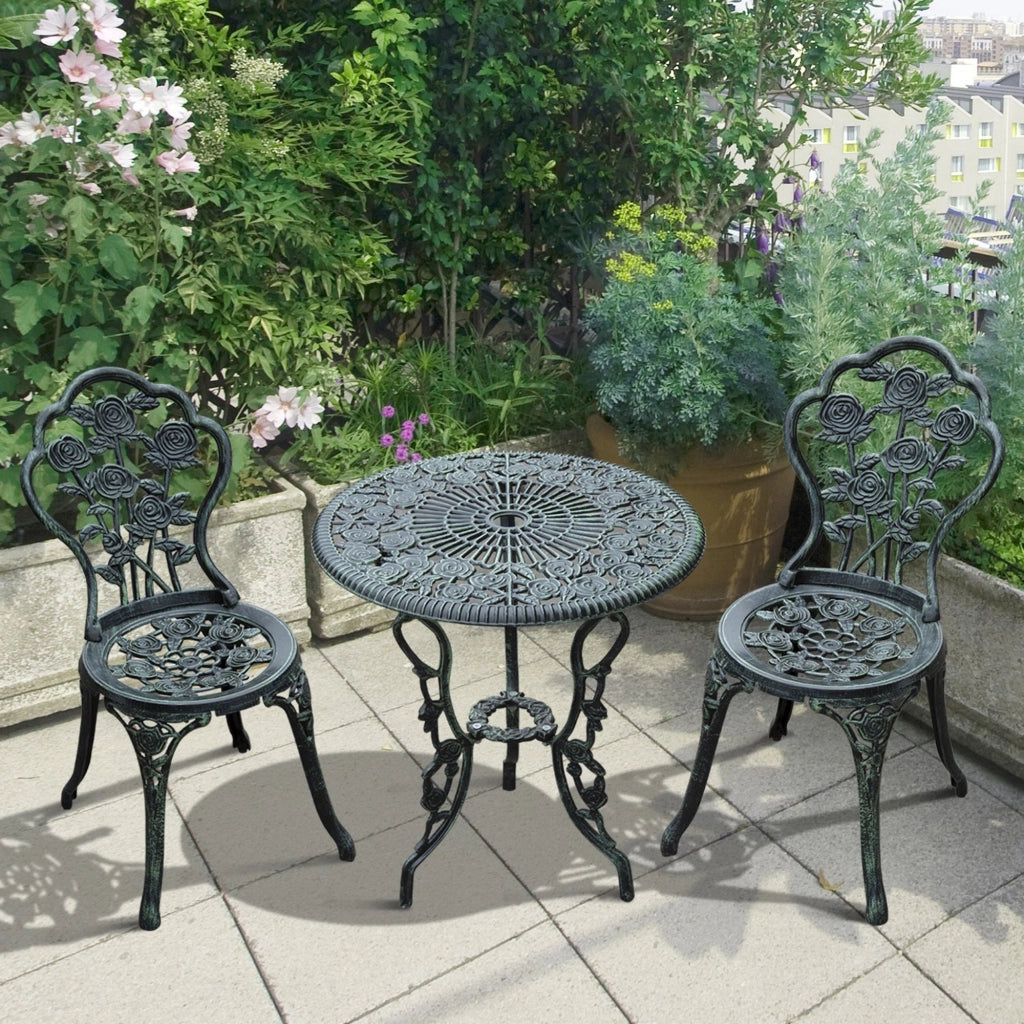 Set bistrot da 3 pezzi per esterno in stile anticato, verde, in alluminio pressofuso