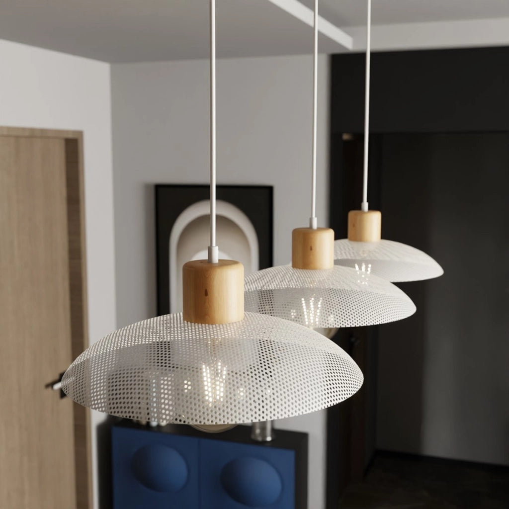 Lampada a sospensione KOBE 3 in acciaio bianco opaco e legno