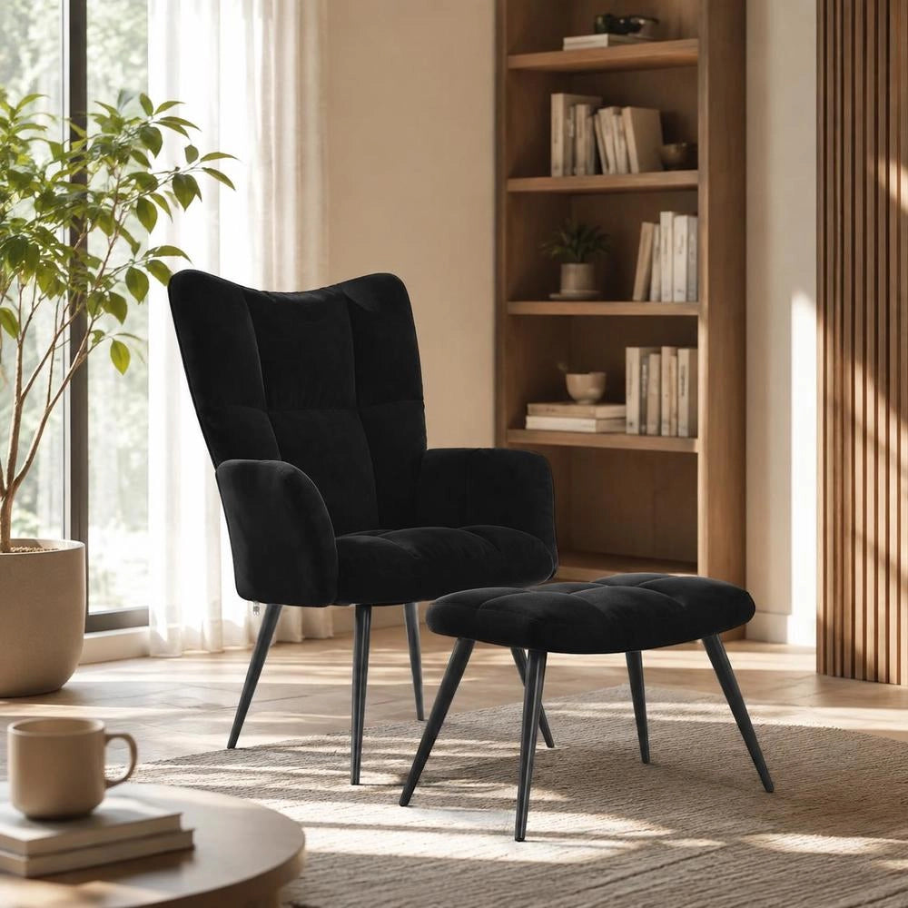 Reclining Armchair With Footstool, Black Velvet