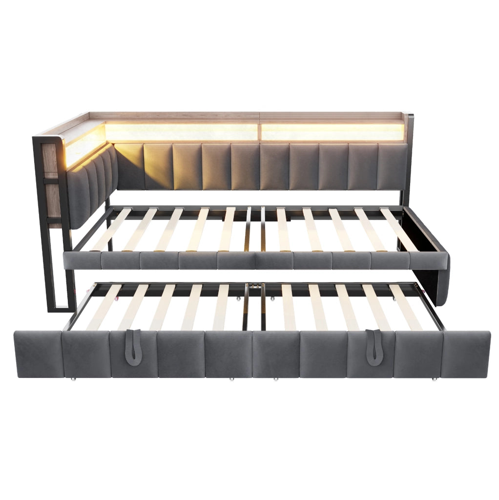 Divano letto estraibile 90x200 cm con LED; USB e Type-C; grigio scuro in velluto