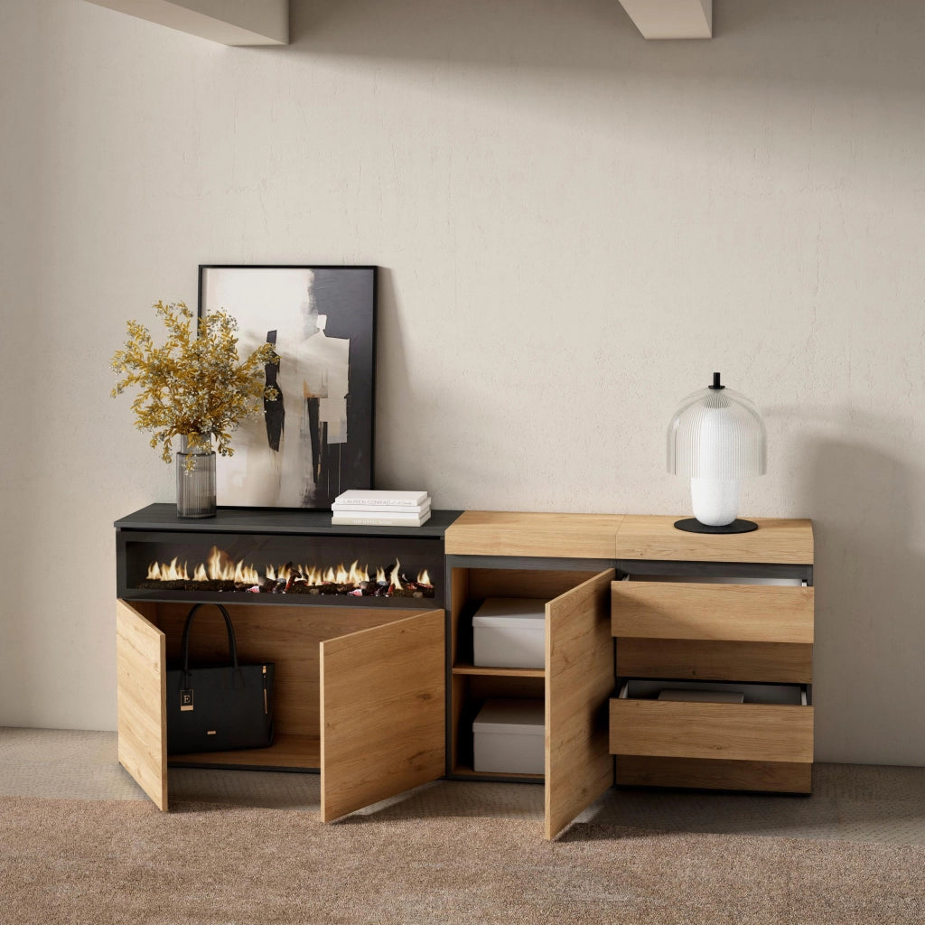 Credenza, 207x35x75cm, Camera da letto, Camino elettrico, Cassettiera, colore Rovere RF3412