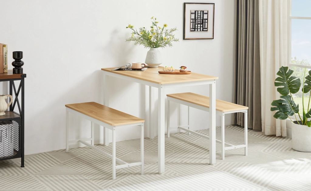 Set tavolo da pranzo con 2 panche 110x60 cm naturale e bianco