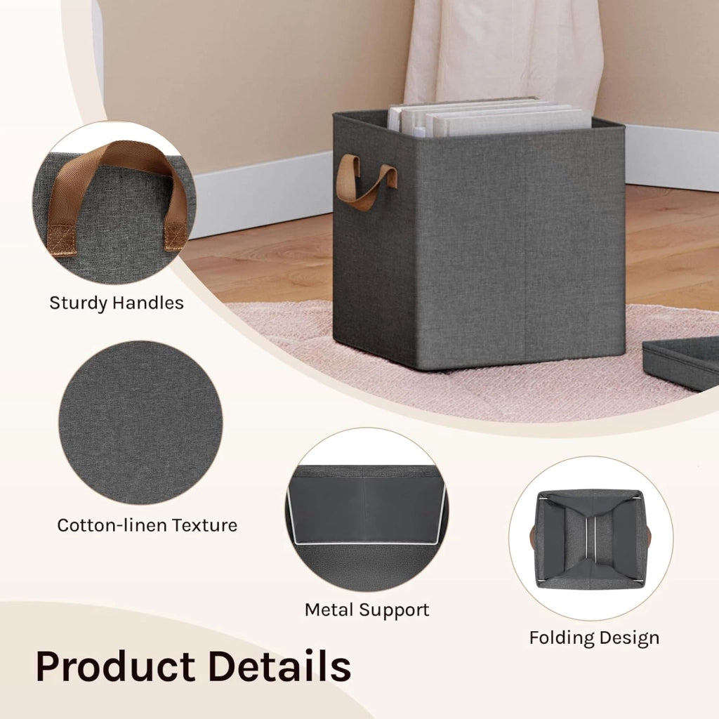 Scatole Contenitori Pieghevoli Set di 10, Cubi in Tessuto con Manico, Coperchio e Struttura in Metallo, Organizer per Armadio e Scaffale, Grigio, 33x33x31,5cm