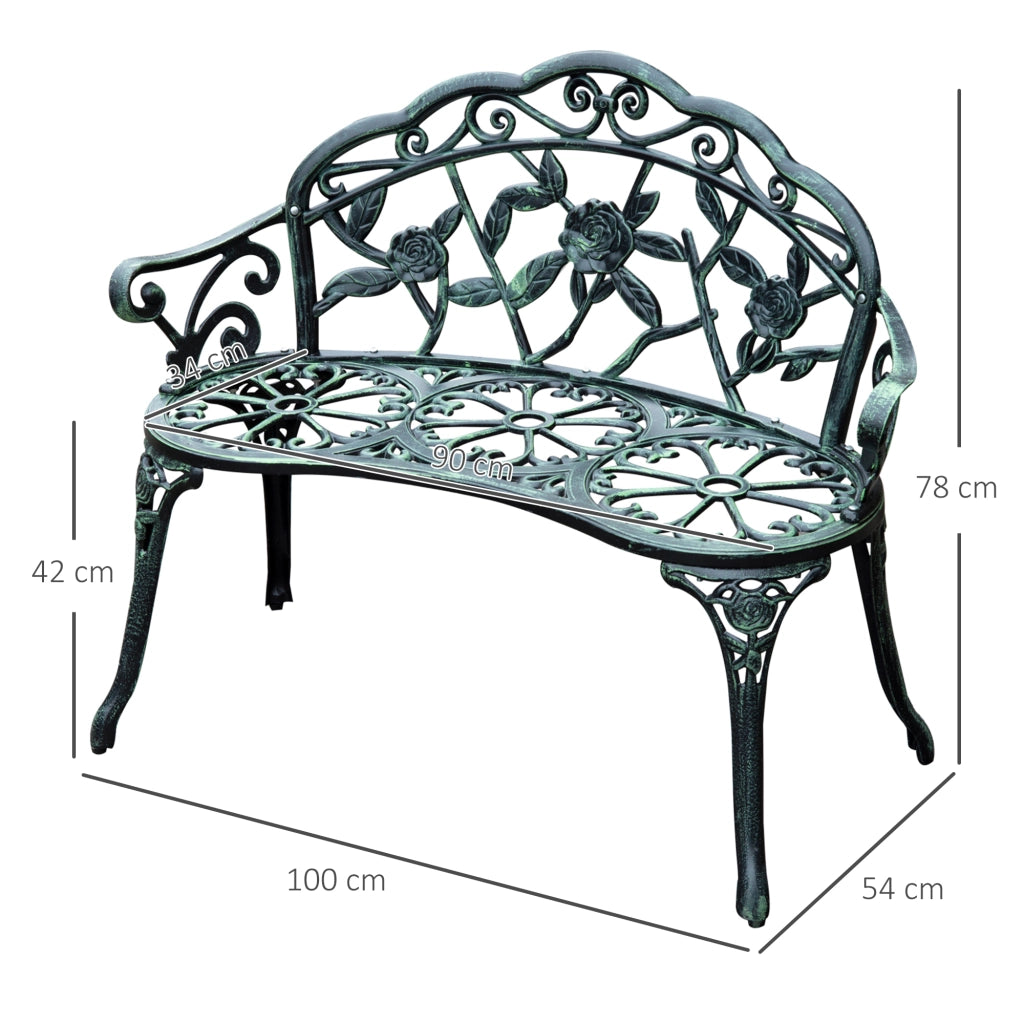 Panca da Giardino 2 Posti con Schienale Motivo Floreale e Dettagli Vintage in Metallo Verde Antico 100 x 54 x 78 cm