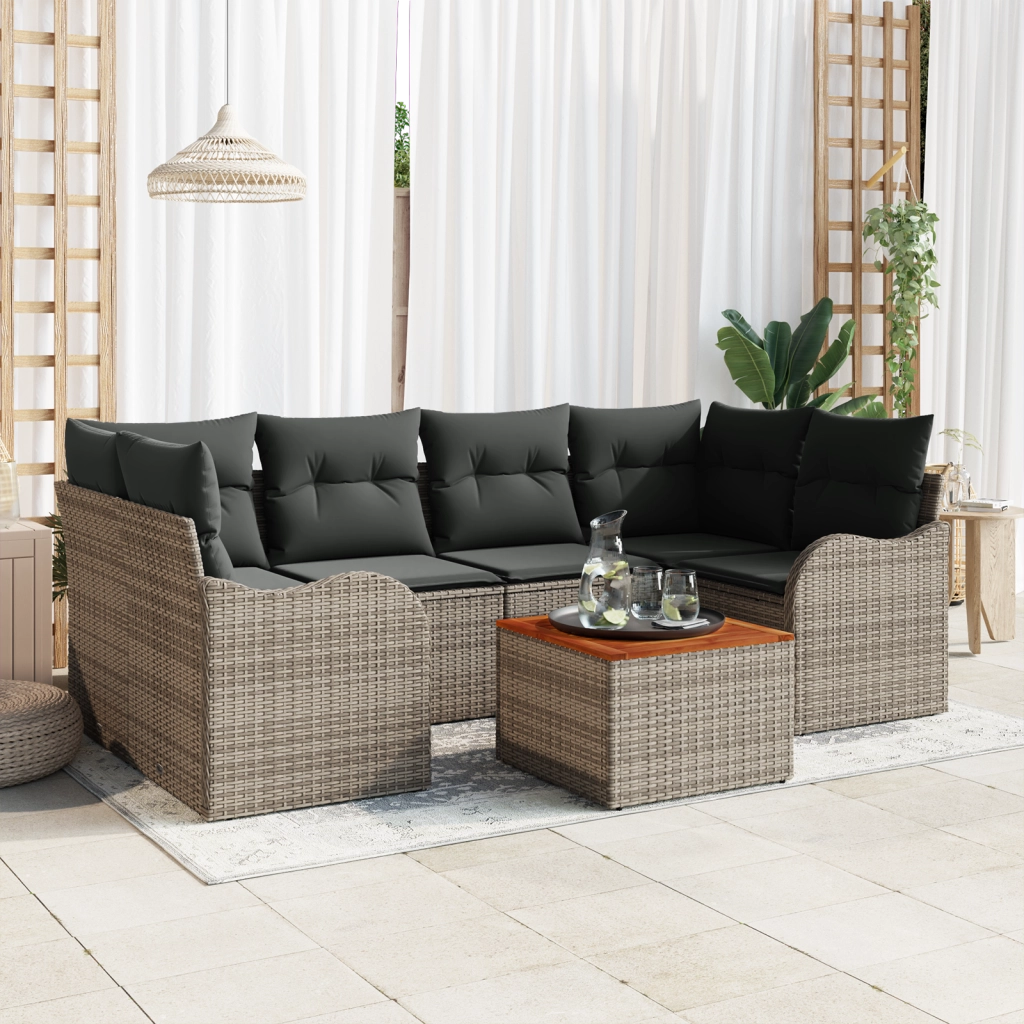 Set di SofÃ  da Giardino 7 Pezzi con Cuscini Grigio Polyrattan Acacia