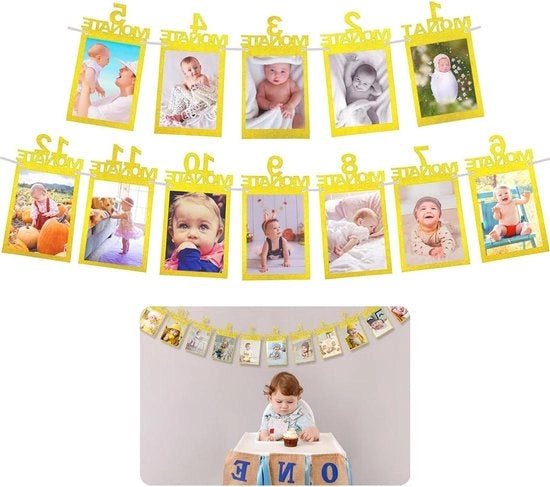 Decorazione appesa per il primo compleanno - Slitta fotografica per bambini - Decorazione per parete e festa - Galleria fotografica 1-12 mesi