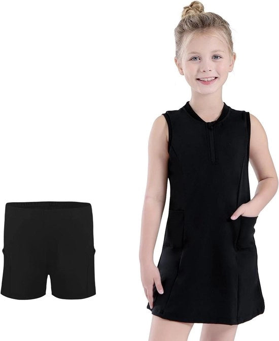 Gonna Premium per ragazze con pantaloncino corto e tasche - Abbigliamento da golf A-line - Gonna senza maniche - Nero - Taglia 150