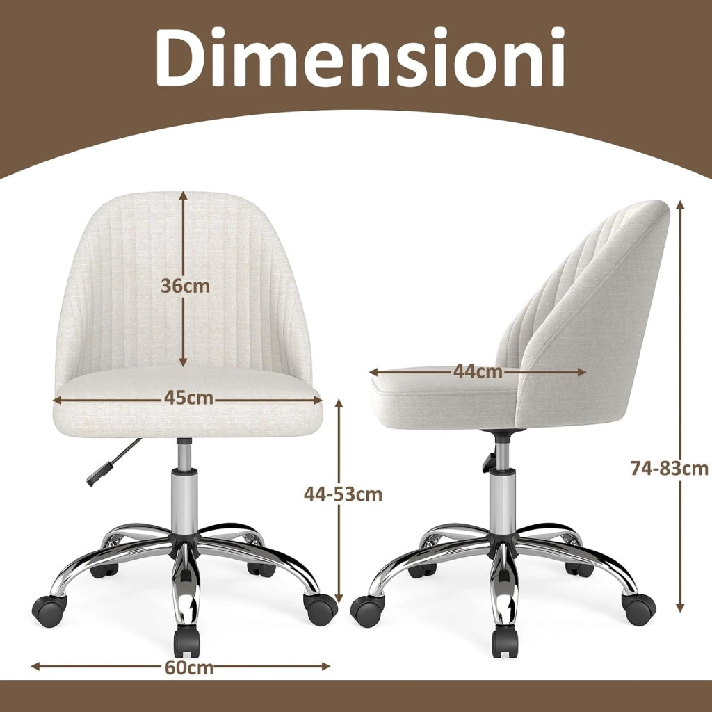 Sedia da Ufficio, Sedia da Scrivania Moderna senza Braccioli, con Schienale Curvo e Seduta Imbottita, Regolabile in Altezza con Rotelle Lisce per Camera da Letto (Beige)