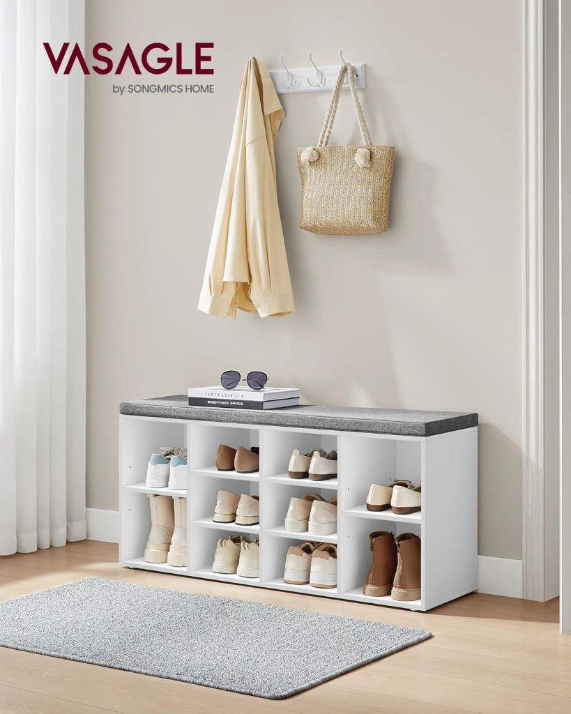 VASAGLE Panca Scarpiera, Scaffale Portascarpe a 10 Scomparti, Organizzatore Portaoggetti, con Sedile Imbottito, per Ingresso, 104 x 30 x 48 cm, Bianco LHS10WT