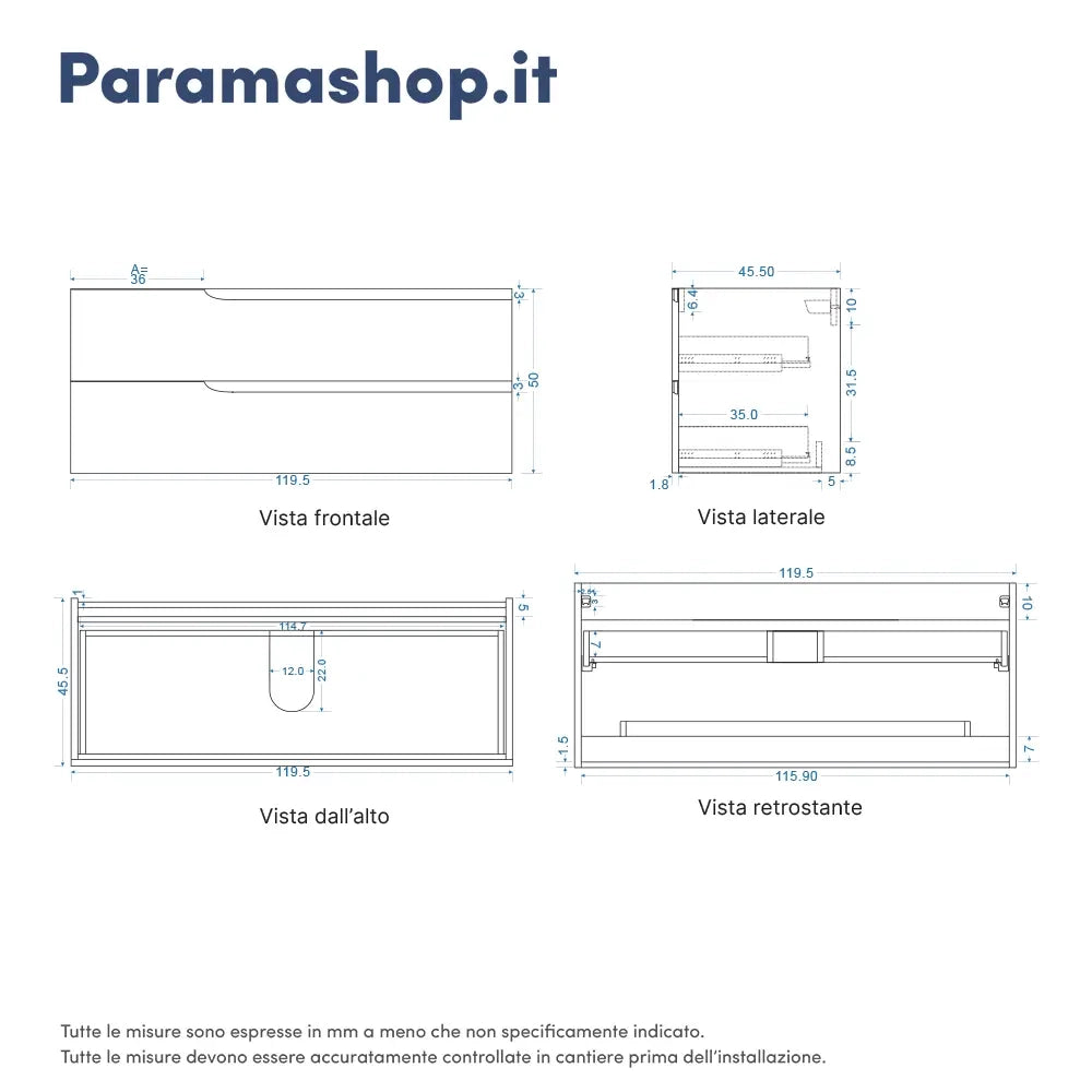 Mobile bagno sospeso 120 cm due cassetti carta da zucchero con top | Ardenne