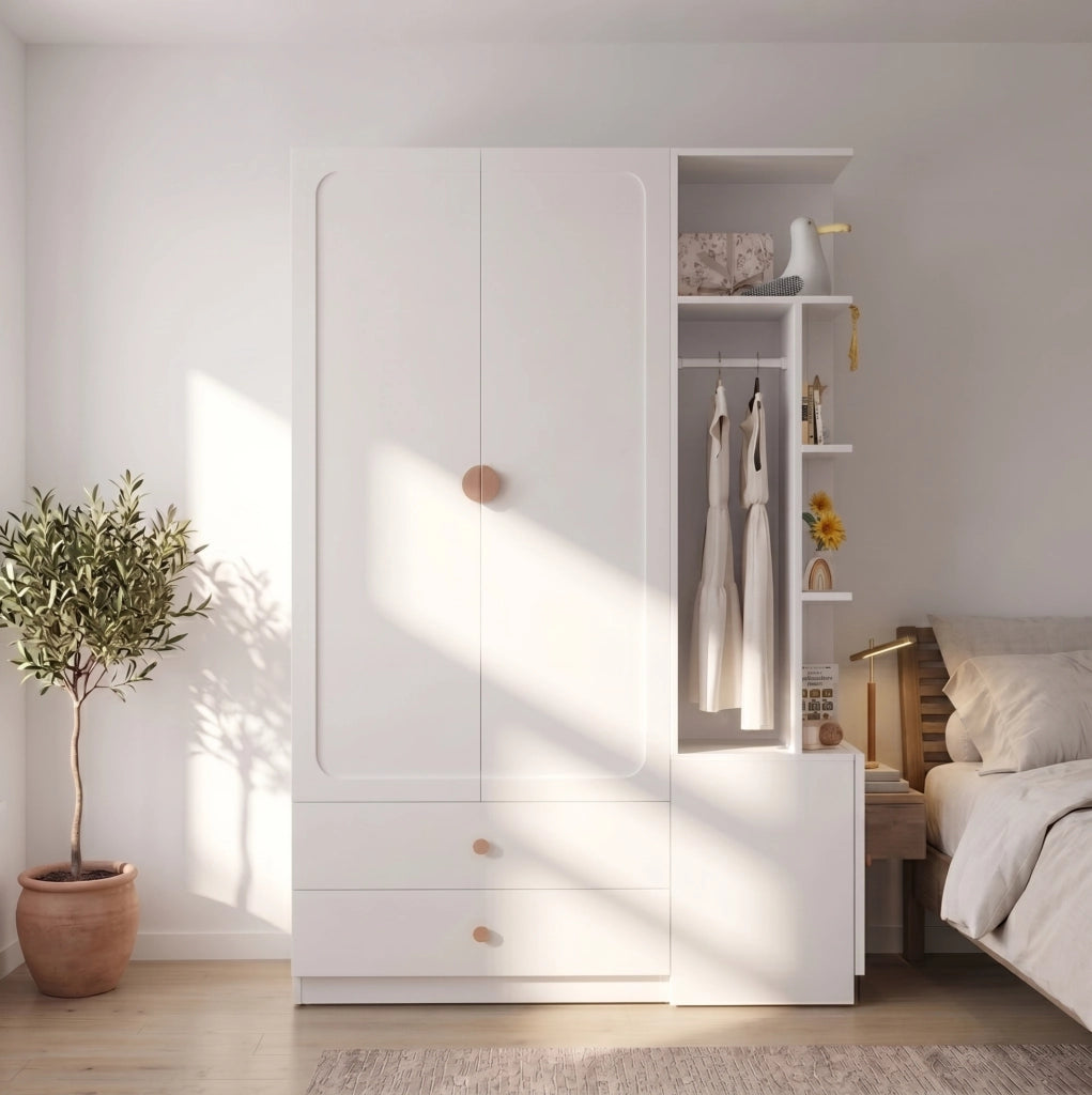 Armadio guardaroba bianco 200 x 135 x 45 cm con 2 aste e 2 cassetti